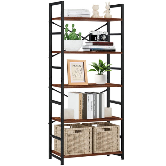 Elemore Home 5 Tier Bookshelf, Home Office Industrial Bookcase, Free-Standing Storage Shelving Unit