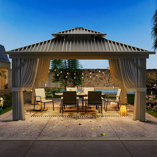 GVDV 10'x12' Hardtop Gazebo, Outdoor Steel Double Galvanized Roof Canopy, Aluminum Frame Permanent Pavilion Metal Gazebo with Curtains and Nettings, Sunshade for Patios, Gardens, Lawns