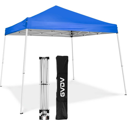 GVDV 10x10 ft Pop up Canopy Tent, Slant Leg Outdoor Canopy with Carry Bag, Beach Tent, Sports Shelter, Blue