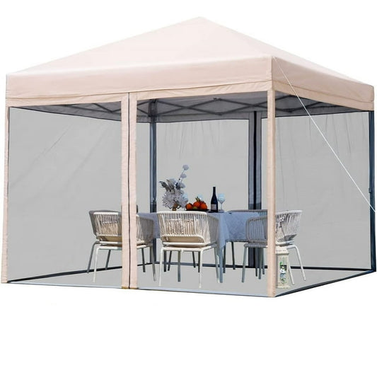 GVDV 10x10ft Easy Pop-Up Canopy, Outdoor Screen Tent with Mosquito Netting, 2 Zipper Doors, and Carry Bag for Yard Camping Picnic Party Events, Beige