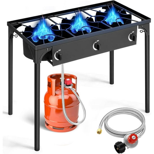GVDV 3-Burner Propane Camping Stove, Gas Stove for Outdoor Cooking BBQ, 225,000 -BTU, 20 PSI Regulator, High Pressure, Heavy Duty, Black