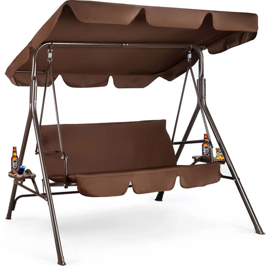 GVDV 3-Seat Outdoor Patio Steel Porch Swing with Canopy, Utility Tray and Removable Cushion, Brown