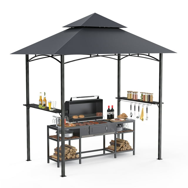 GVDV 8'x 5' Grill Gazebo Canopy, Outdoor BBQ Gazebo Shelter with 2 Side Shelves & Double-Tiered Top