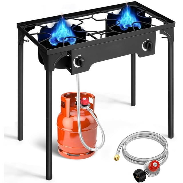 GVDV Outdoor Gas Stove, Double Burners Propane Gas Stove for Camping Cooking BBQ Grill, 150,000-BTU, 20 PSI Regulator, Detachable Legs, Heavy Duty, Black