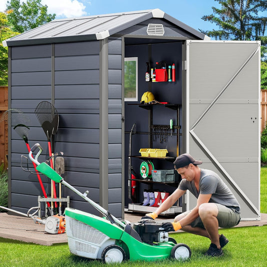 GVDV 6x4ft Outdoor Resin Storage Shed, Plastic Garden Tool Shed with Floor for Lawnmowers/Bicycles/Pool Supplies, Grey