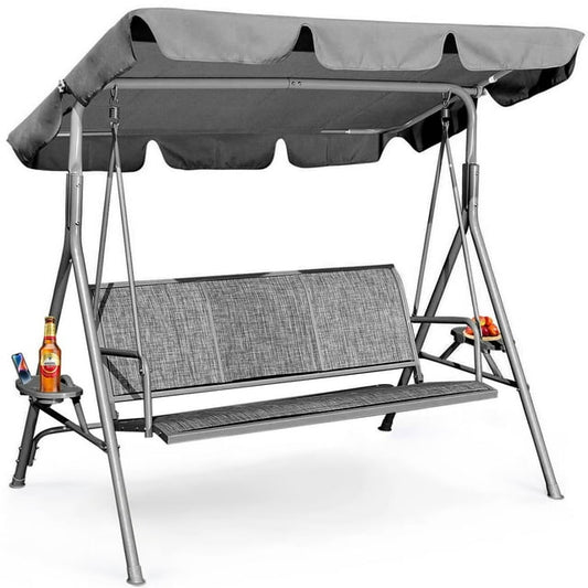 GVDV Canopy Porch Swing with Utility Tray, 3-Seat Steel Outdoor Patio Swing Chair, Gray
