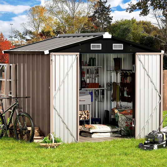 GVDV Metal Shed, 8 x 6 ft Metal Outdoor Storage Shed with Updated Frame, Lockable Doors & Waterproof, Brown