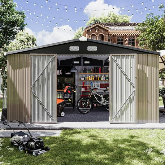 GVDV Outdoor Metal Storage Shed 12 x 10 ft, Storage House Metal Steel Utility Tool Shed with Lock and Door, for Garden, Patio, Lawn, Brown