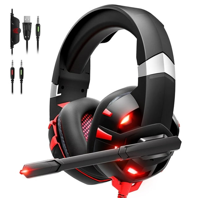 RUNMUS Gaming Headset, Stereo PC Gaming Headphones with Noise Canceling Mic & LED Light, Compatible with PS4, PS5, Xbox One Controller, Nintendo Switch